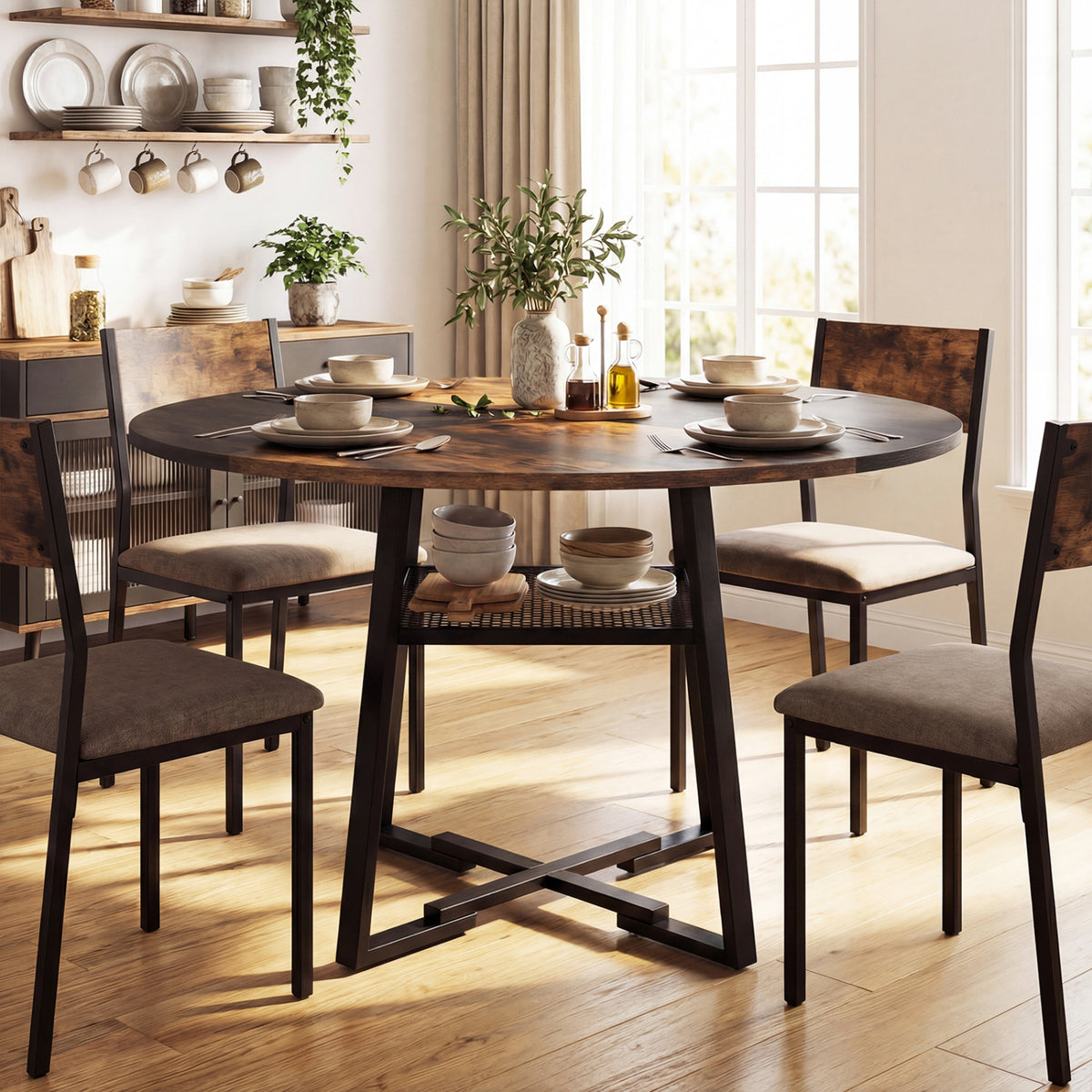 Round Dining Table for 4-6 with Storage Shelf and Metal Legs