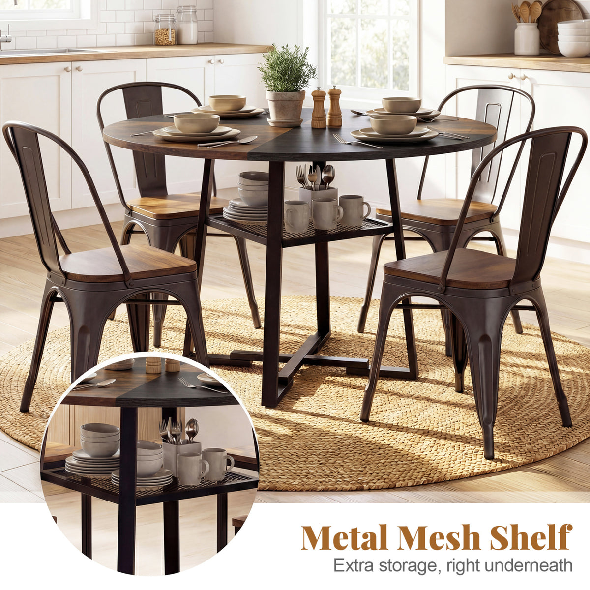 Round Dining Table for 4-6 with Storage Shelf and Metal Legs