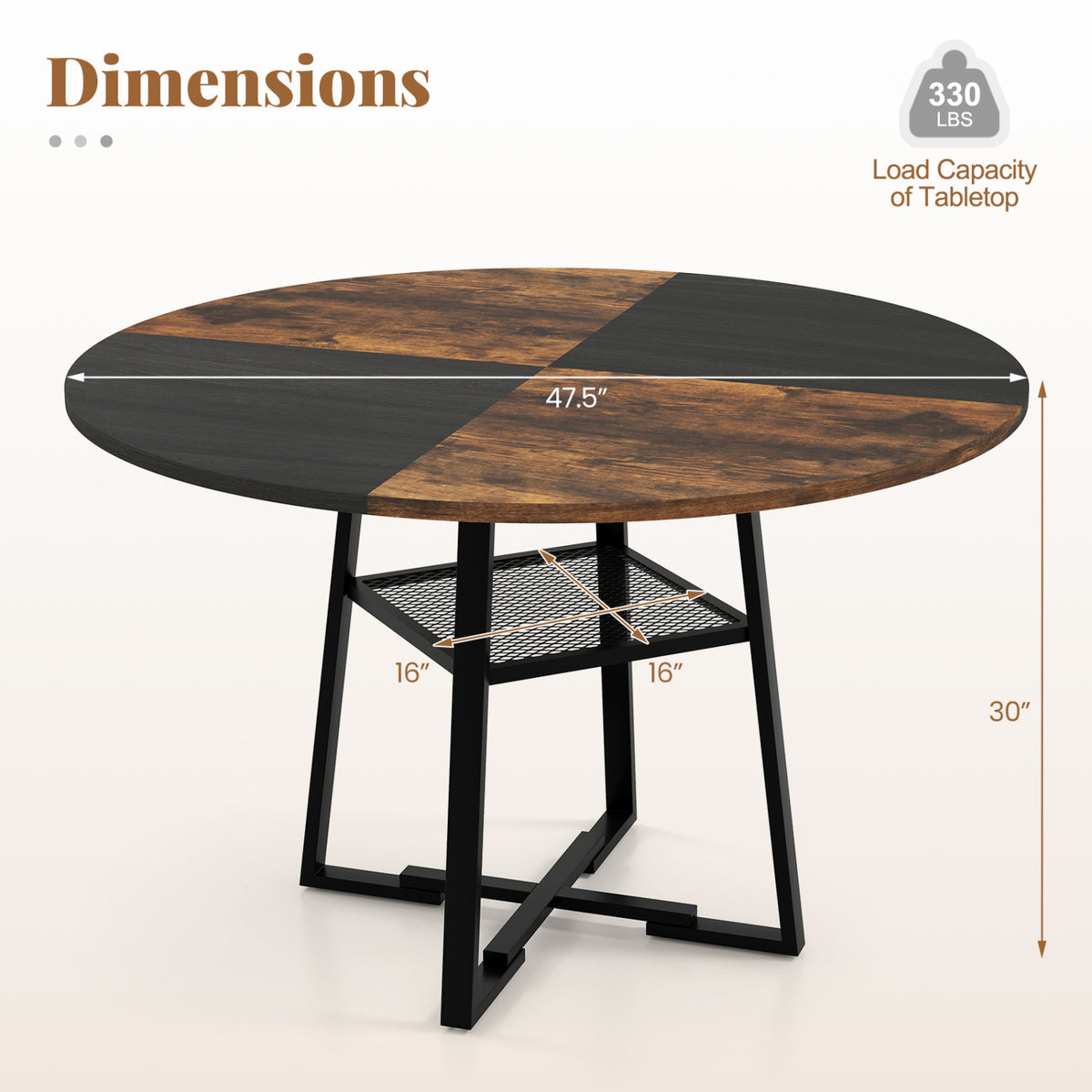 Round Dining Table for 4-6 with Storage Shelf and Metal Legs