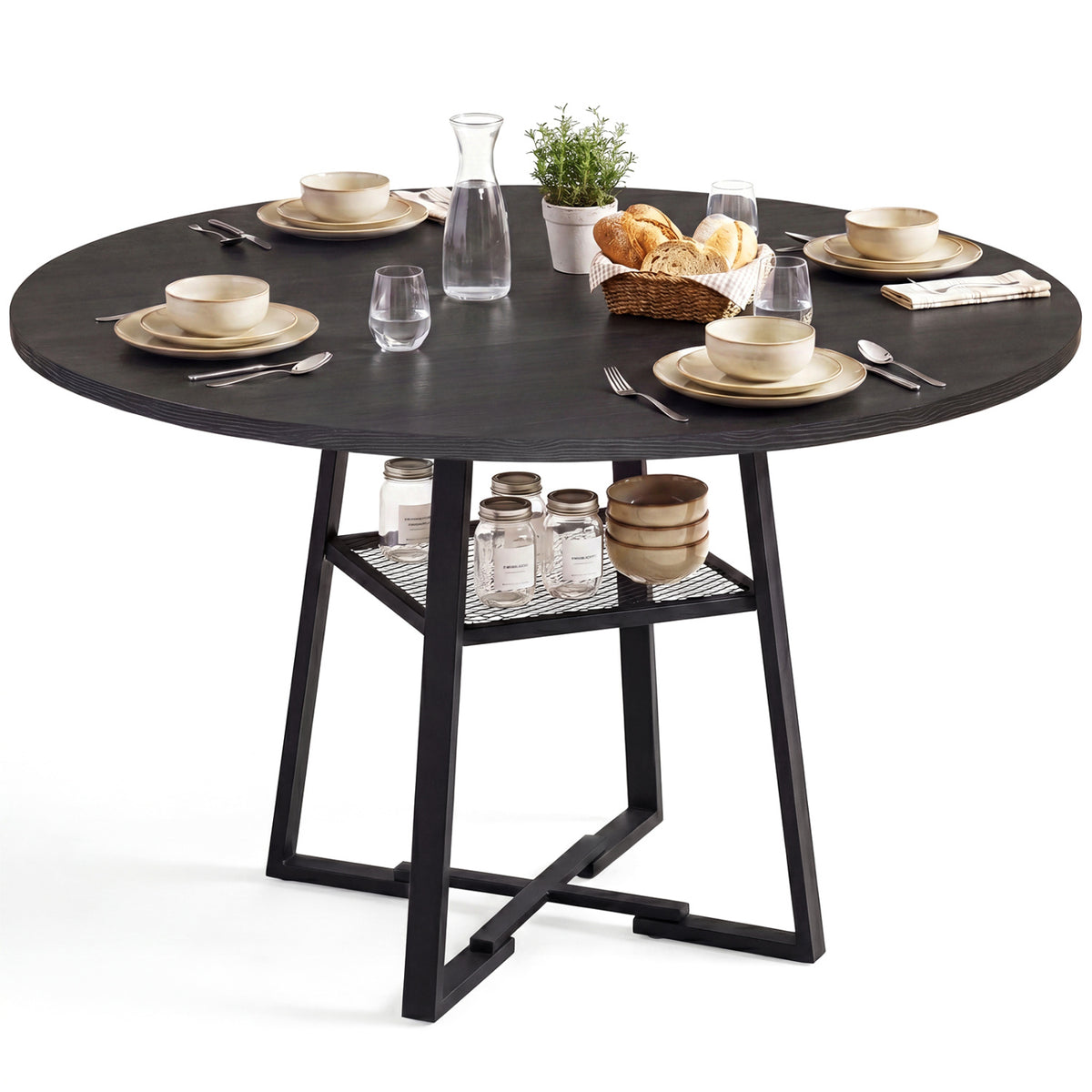 Round Dining Table for 4-6 with Storage Shelf and Metal Legs