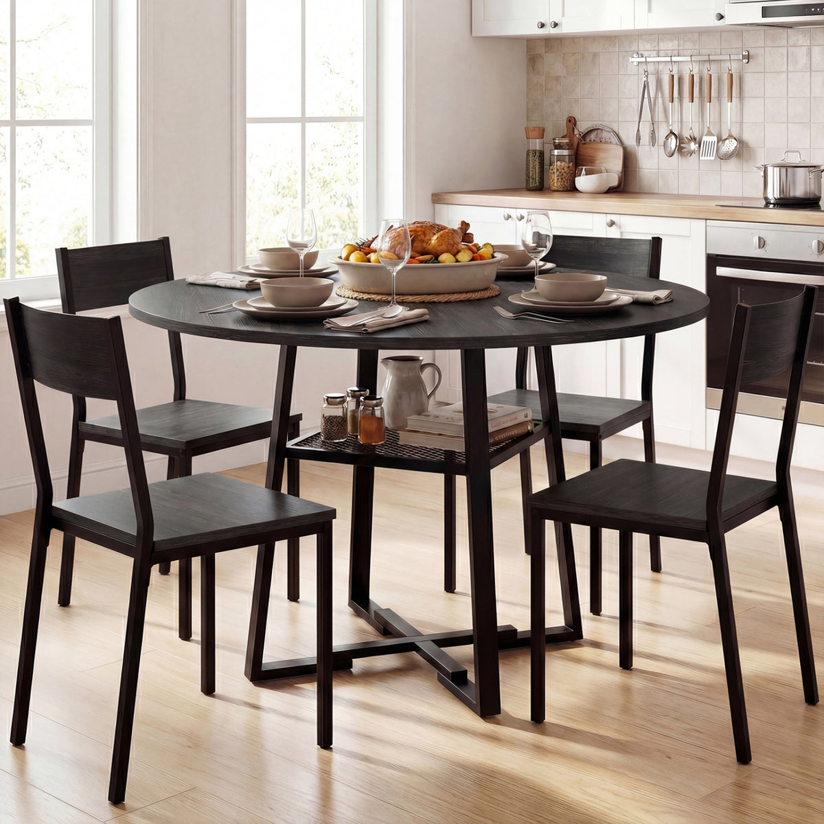 Round Dining Table for 4-6 with Storage Shelf and Metal Legs