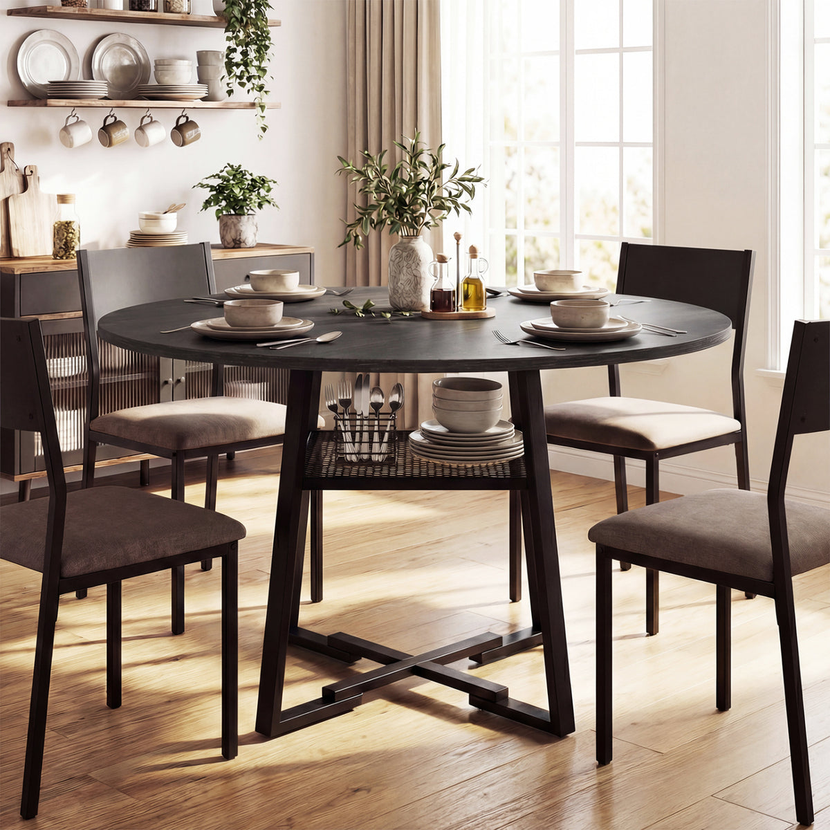 Round Dining Table for 4-6 with Storage Shelf and Metal Legs