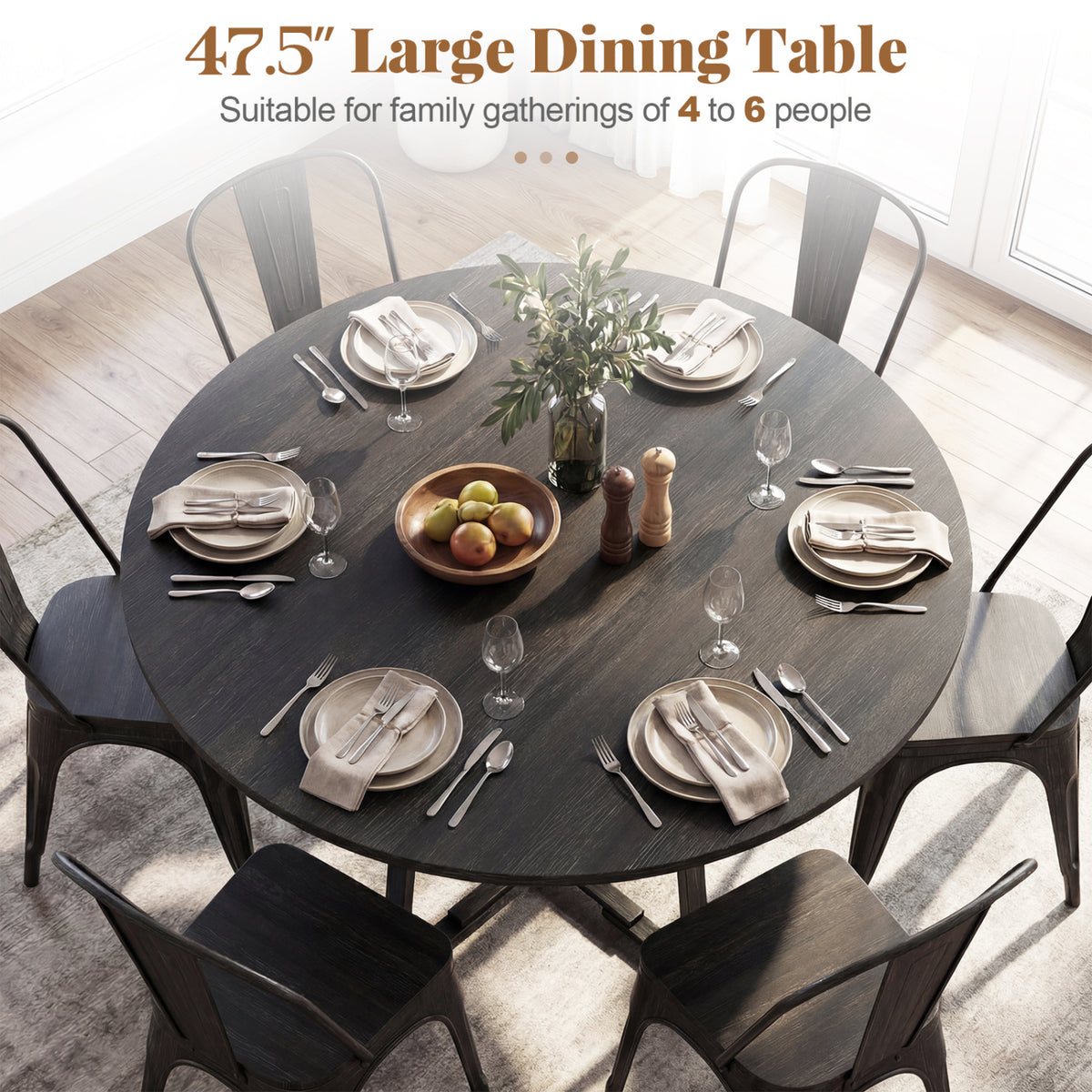 Round Dining Table for 4-6 with Storage Shelf and Metal Legs