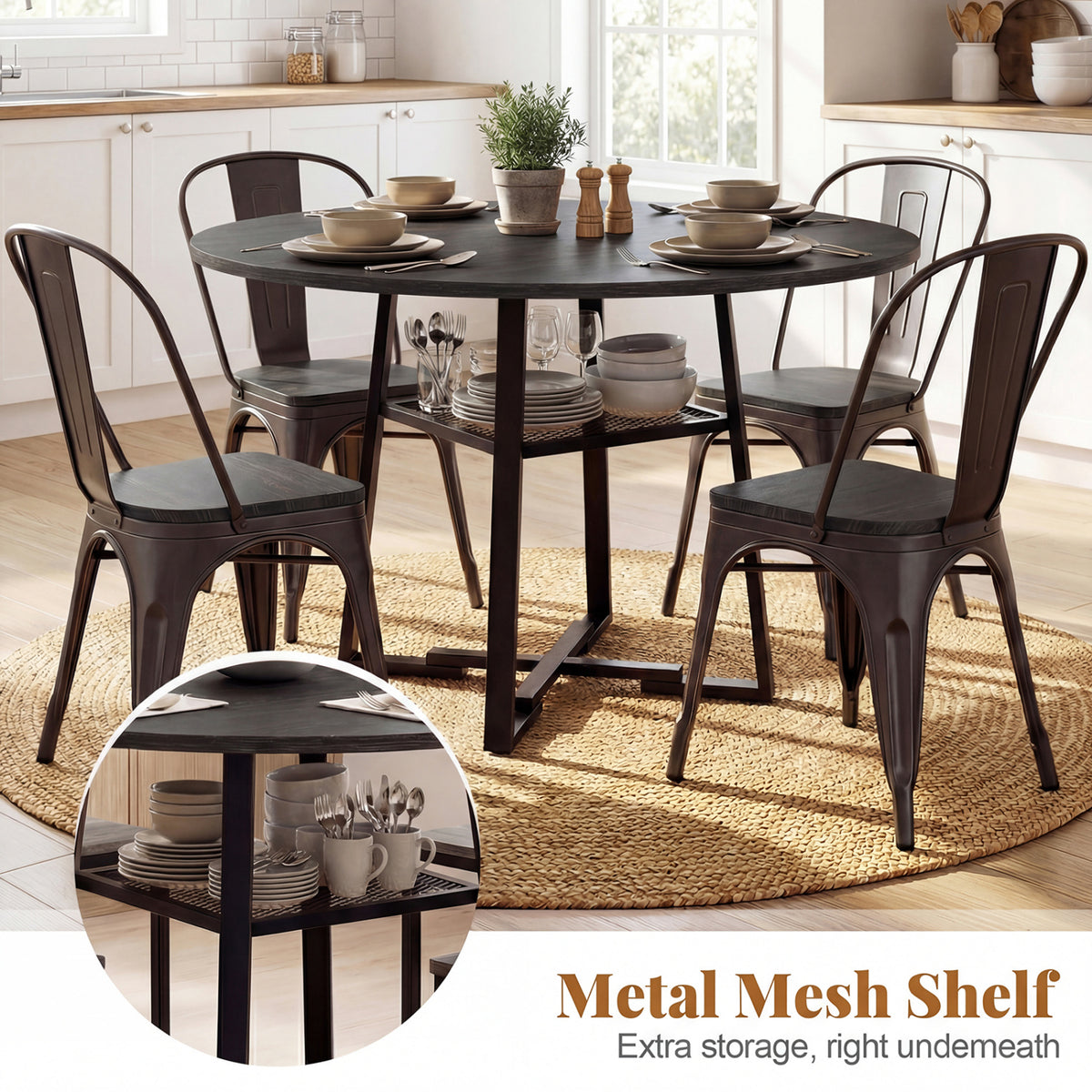 Round Dining Table for 4-6 with Storage Shelf and Metal Legs