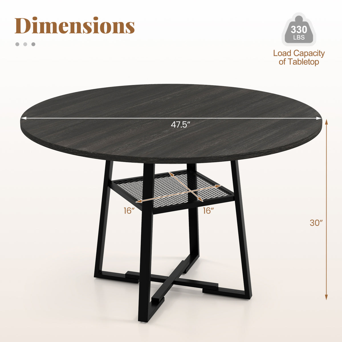 Round Dining Table for 4-6 with Storage Shelf and Metal Legs