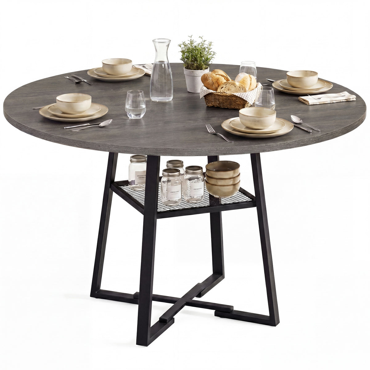 Round Dining Table for 4-6 with Storage Shelf and Metal Legs