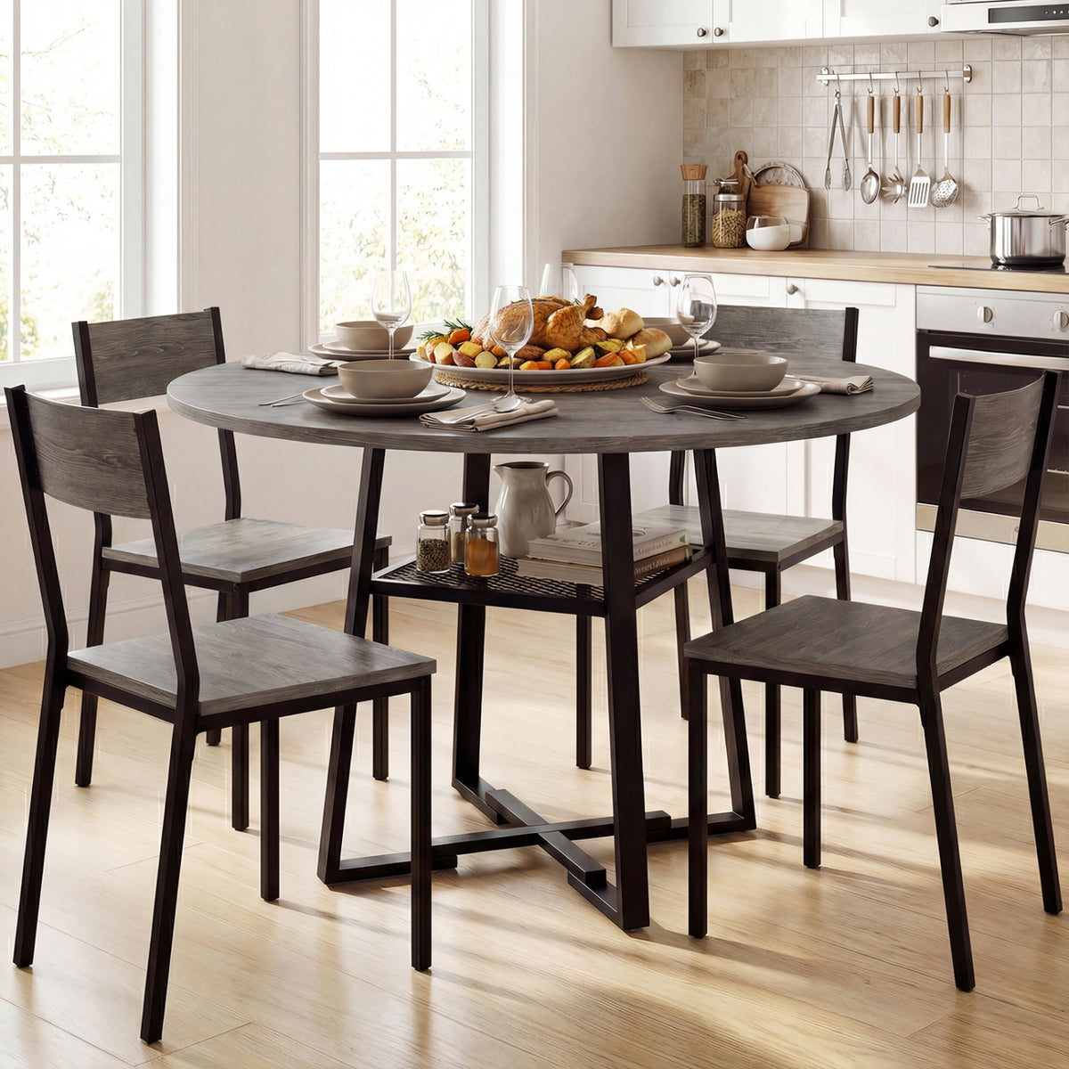 Round Dining Table for 4-6 with Storage Shelf and Metal Legs