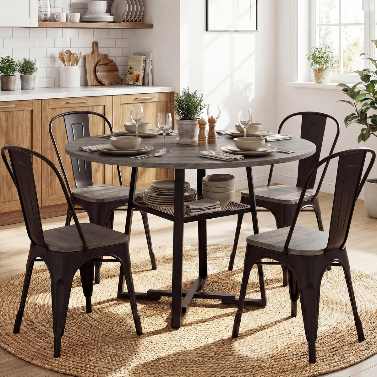 Round Dining Table for 4-6 with Storage Shelf and Metal Legs