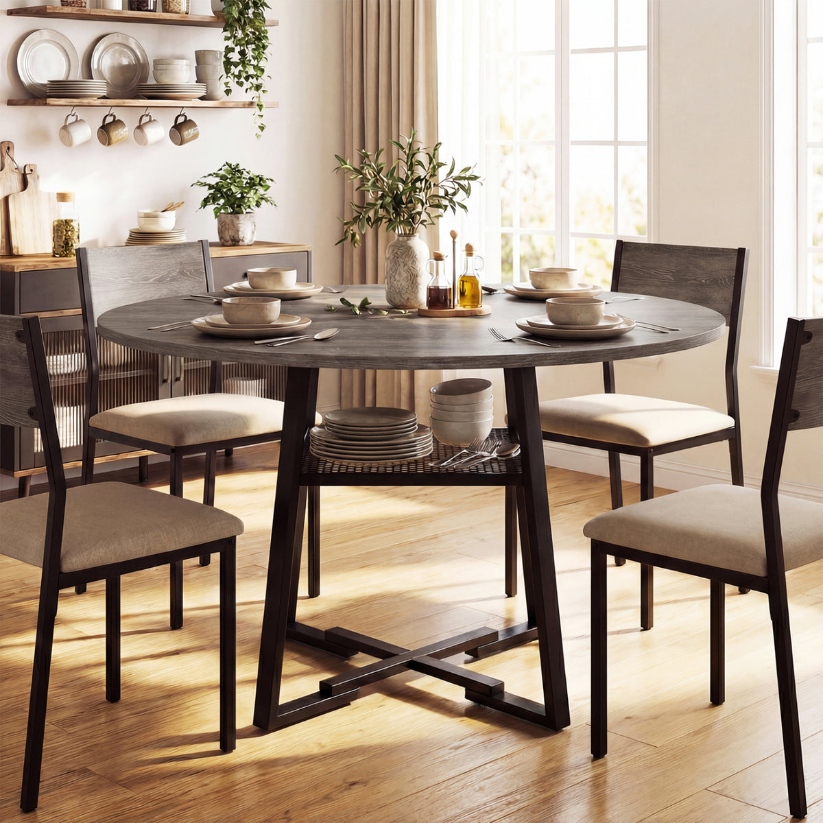 Round Dining Table for 4-6 with Storage Shelf and Metal Legs
