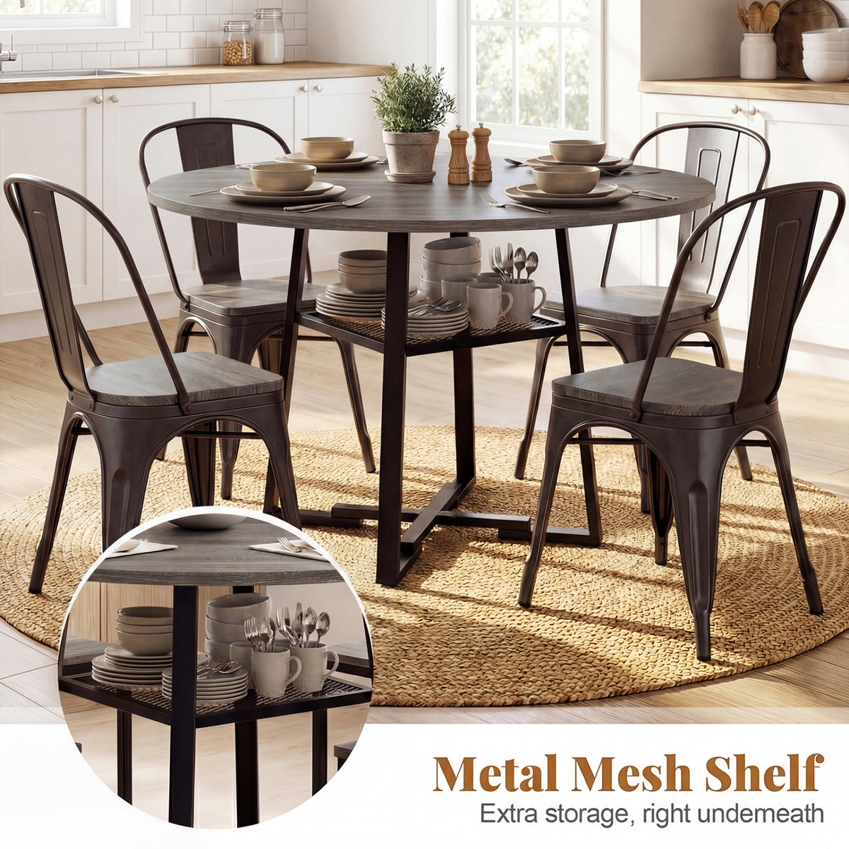 Round Dining Table for 4-6 with Storage Shelf and Metal Legs