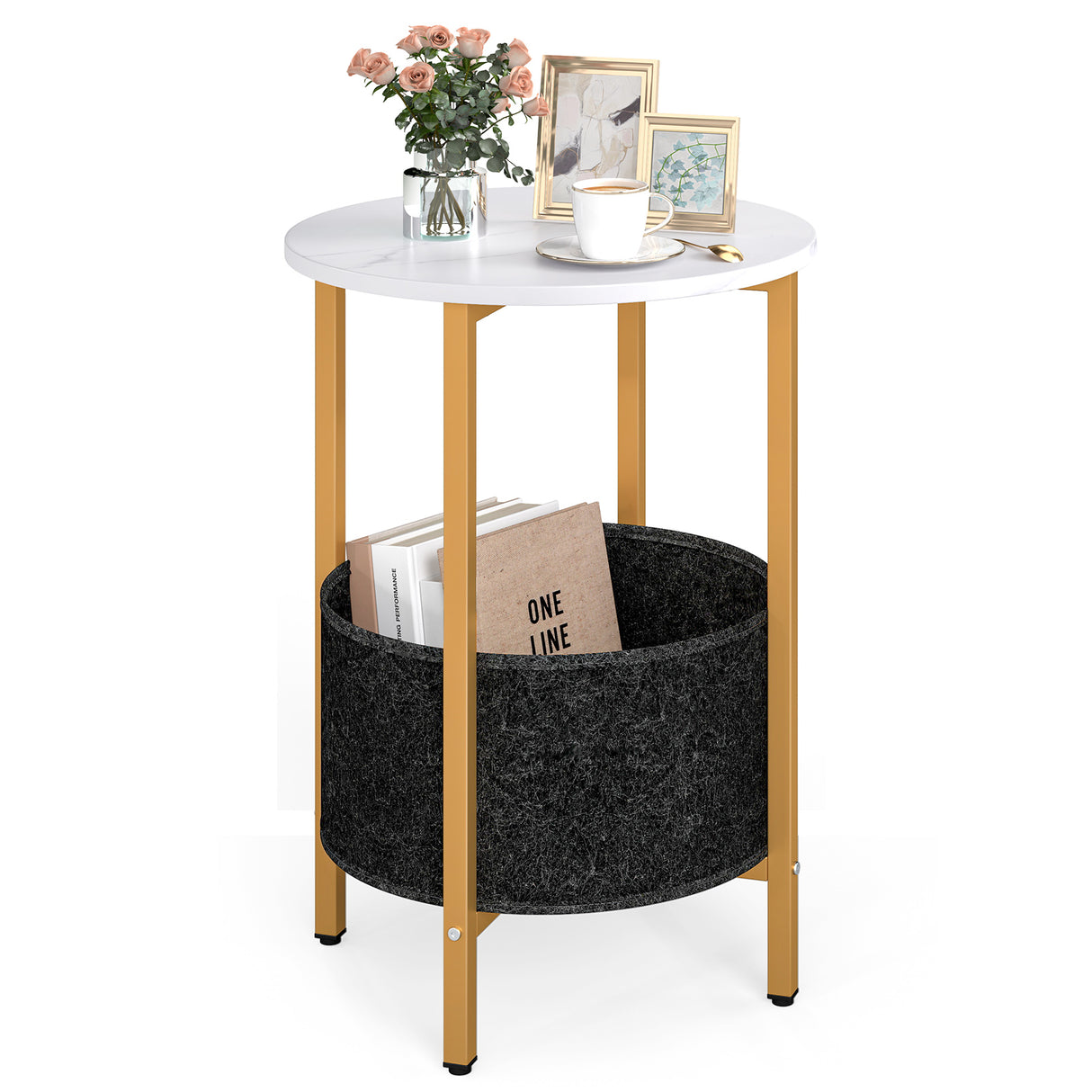 Round End Table 2-Tier Side Table with Removable Fabric Basket and Metal Frame