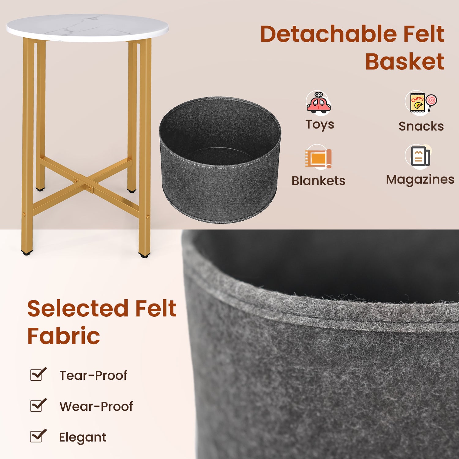 Round End Table 2-Tier Side Table with Removable Fabric Basket and Metal Frame