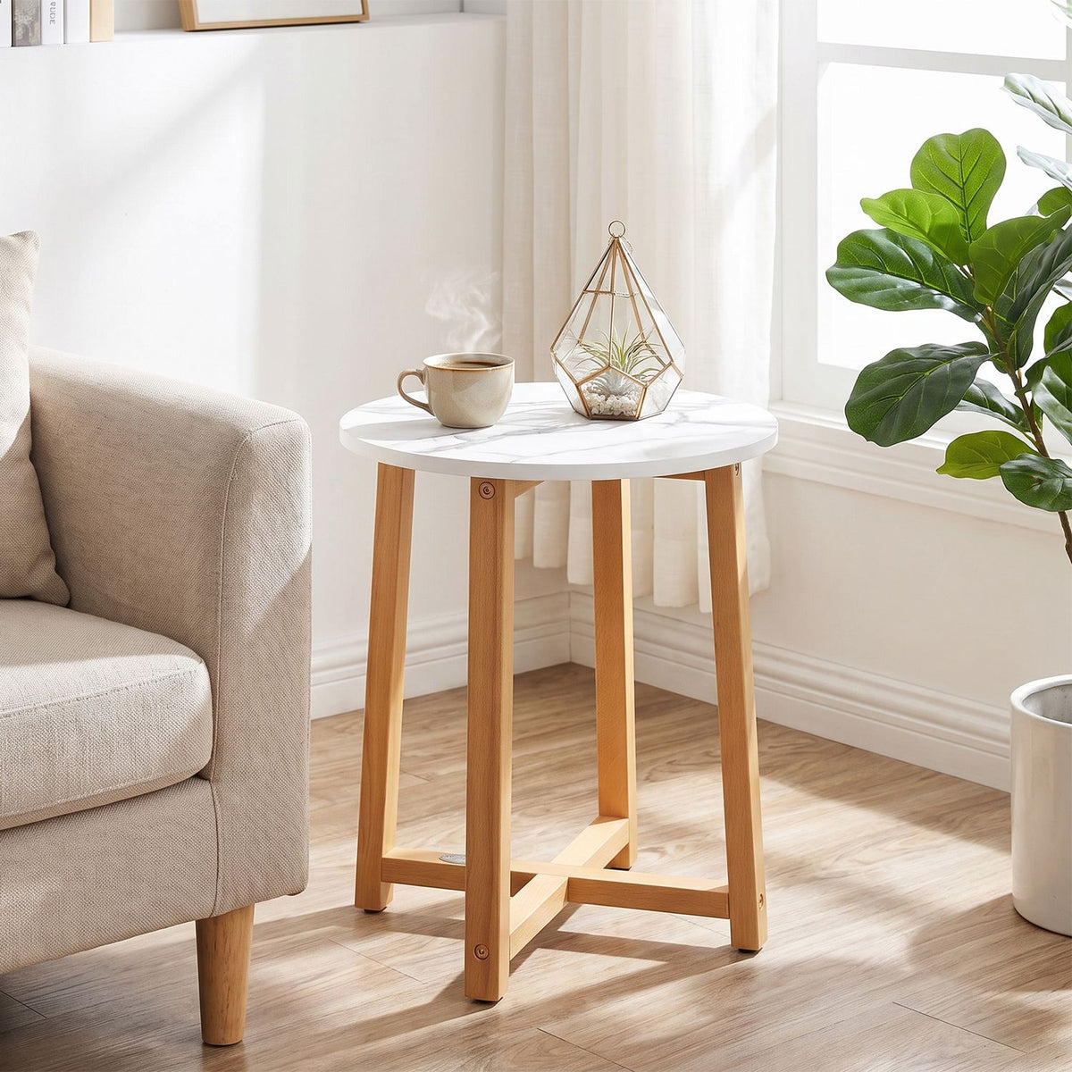 Round End Table with Faux Marble Top and Acacia Wood Legs-2/Legs-1 Pieces/piece