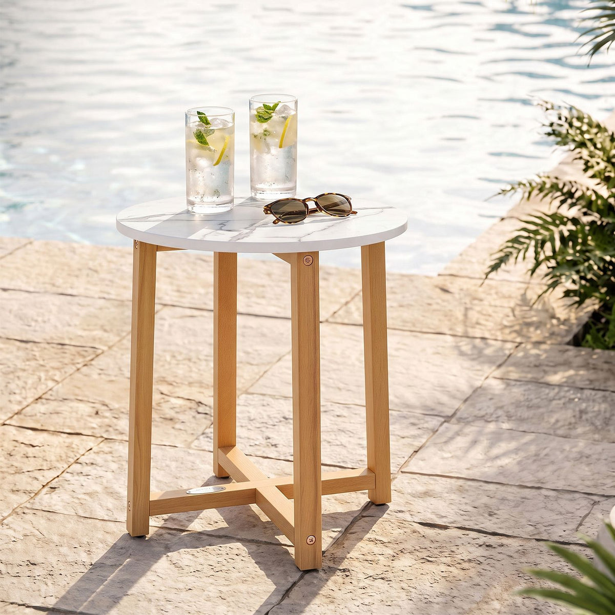 Round End Table with Faux Marble Top and Acacia Wood Legs-2/Legs-1 Pieces/piece