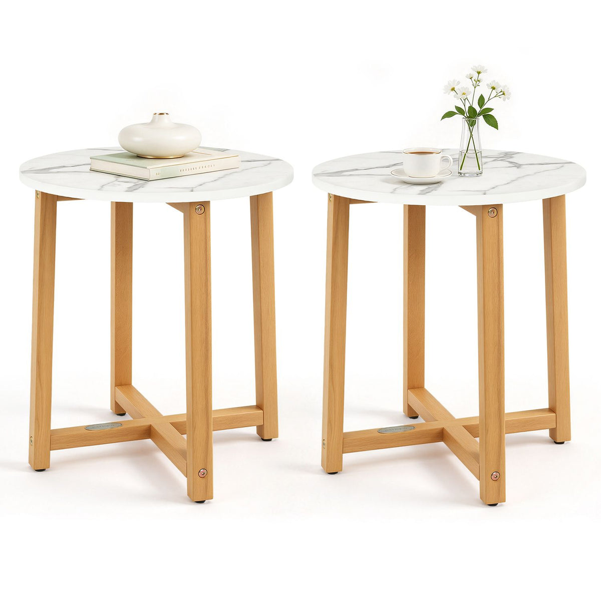 Round End Table with Faux Marble Top and Acacia Wood Legs-2/Legs-1 Pieces/piece