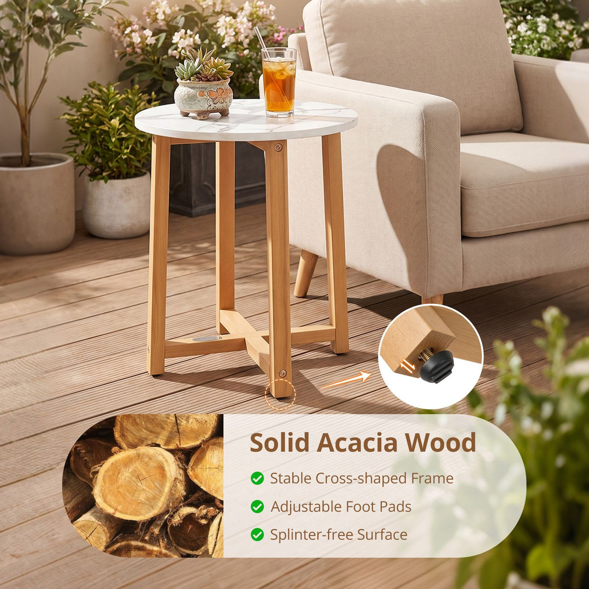 Round End Table with Faux Marble Top and Acacia Wood Legs-2/Legs-1 Pieces/piece