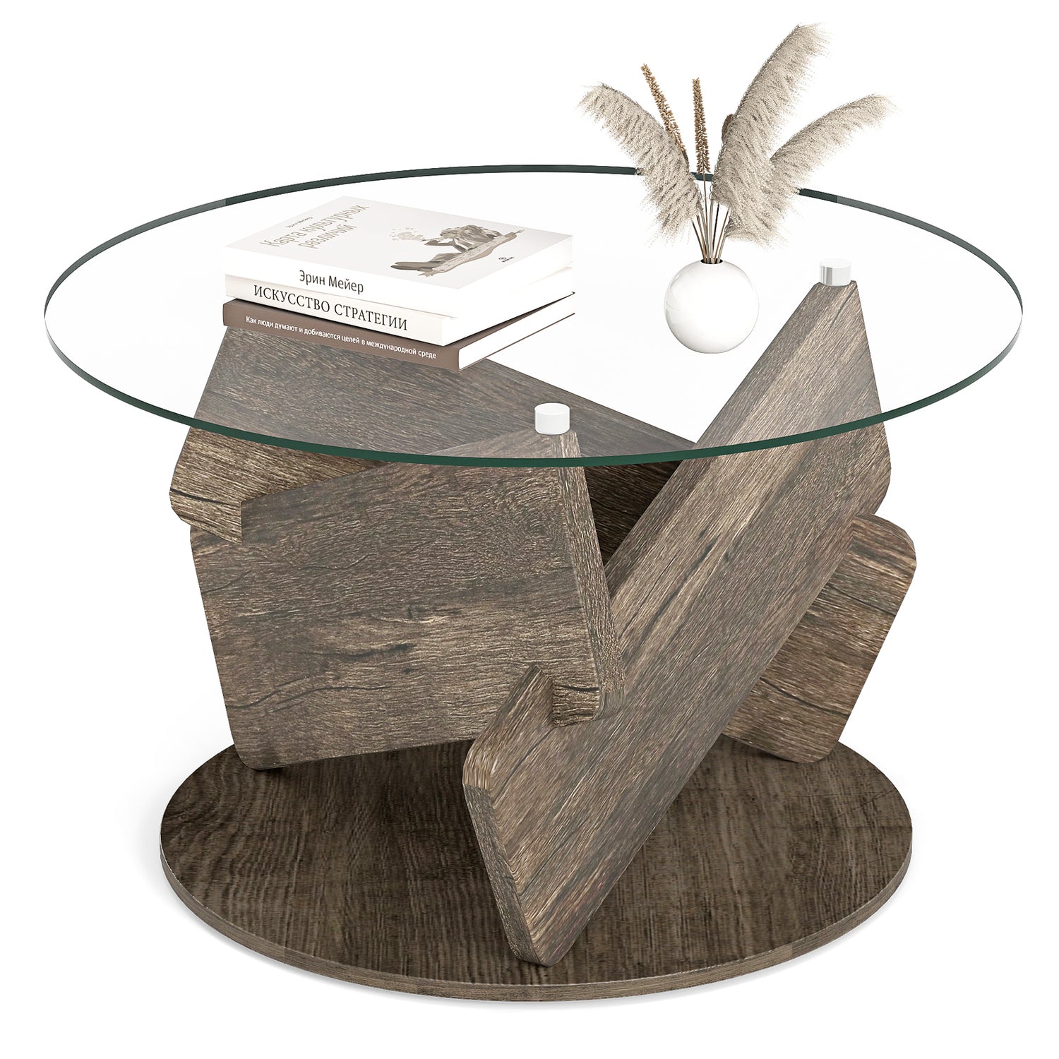 Round Glass Coffee Table 32 Inch Modern Center Table with Tempered Glass Top-Gray