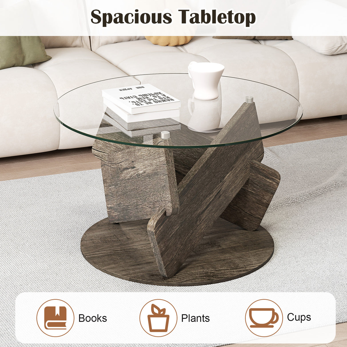 Round Glass Coffee Table 32 Inch Modern Center Table with Tempered Glass Top-Gray