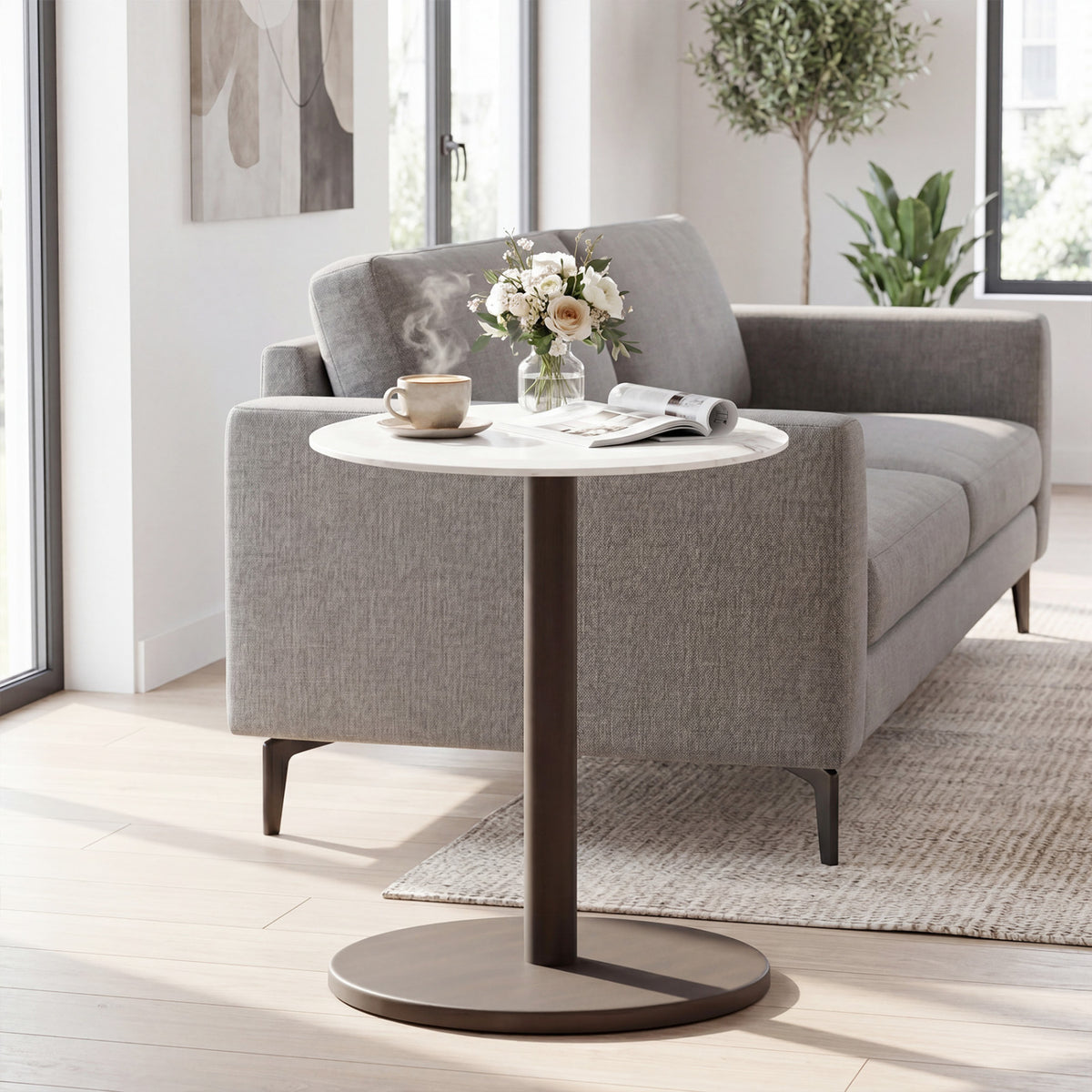 Round Marble Side Table Pedestal End Table with Stone Finish and Wooden-Black & White