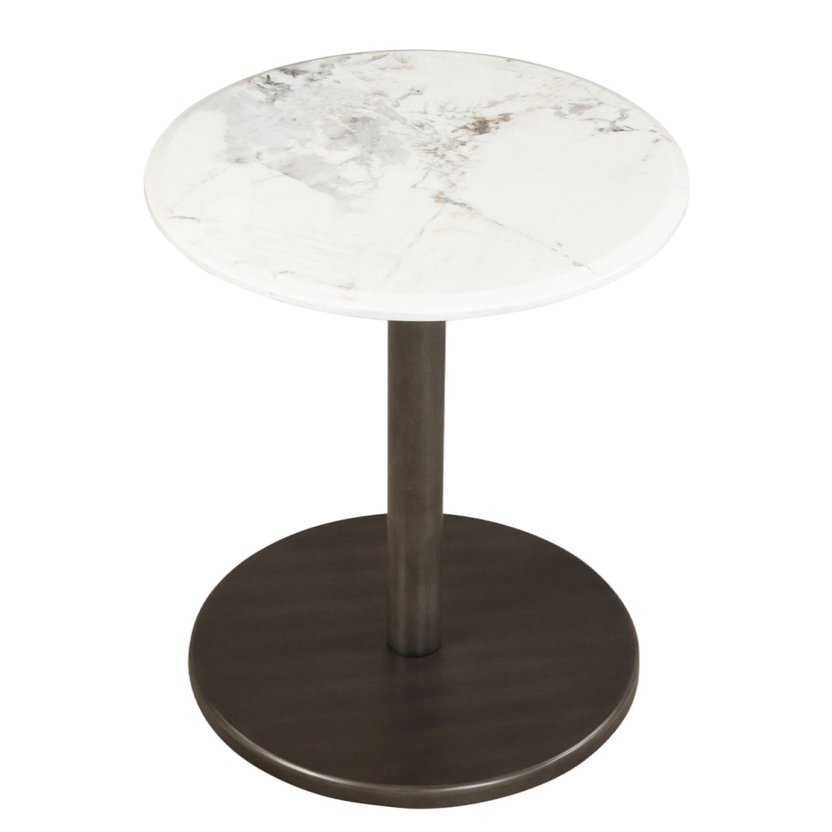 Round Marble Side Table Pedestal End Table with Stone Finish and Wooden-Black & White