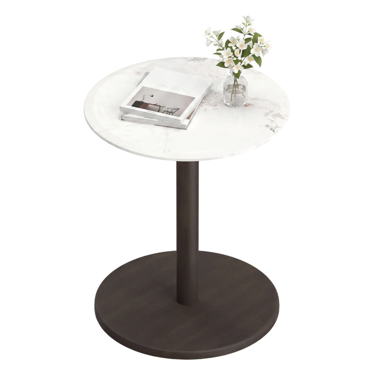 Round Marble Side Table Pedestal End Table with Stone Finish and Wooden-Black & White