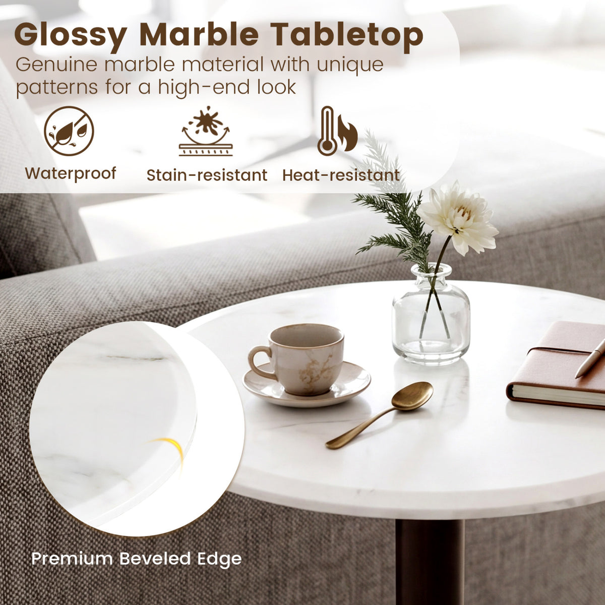 Round Marble Side Table Pedestal End Table with Stone Finish and Wooden-Black & White