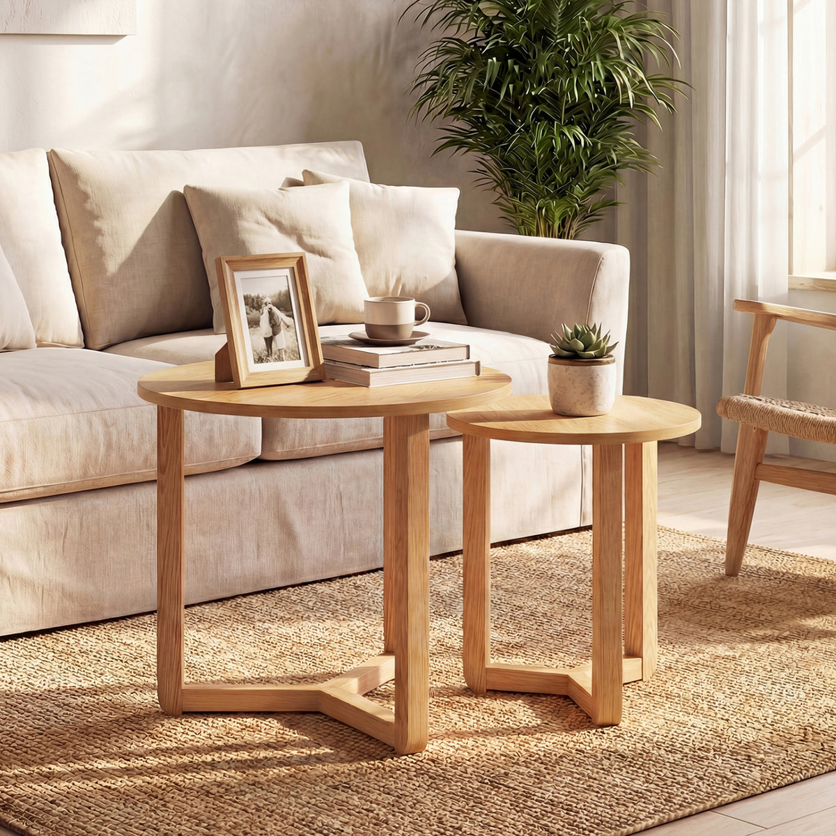 Round Nesting Coffee Table Set of 2 Wood Nesting End Tables with Thickened Top