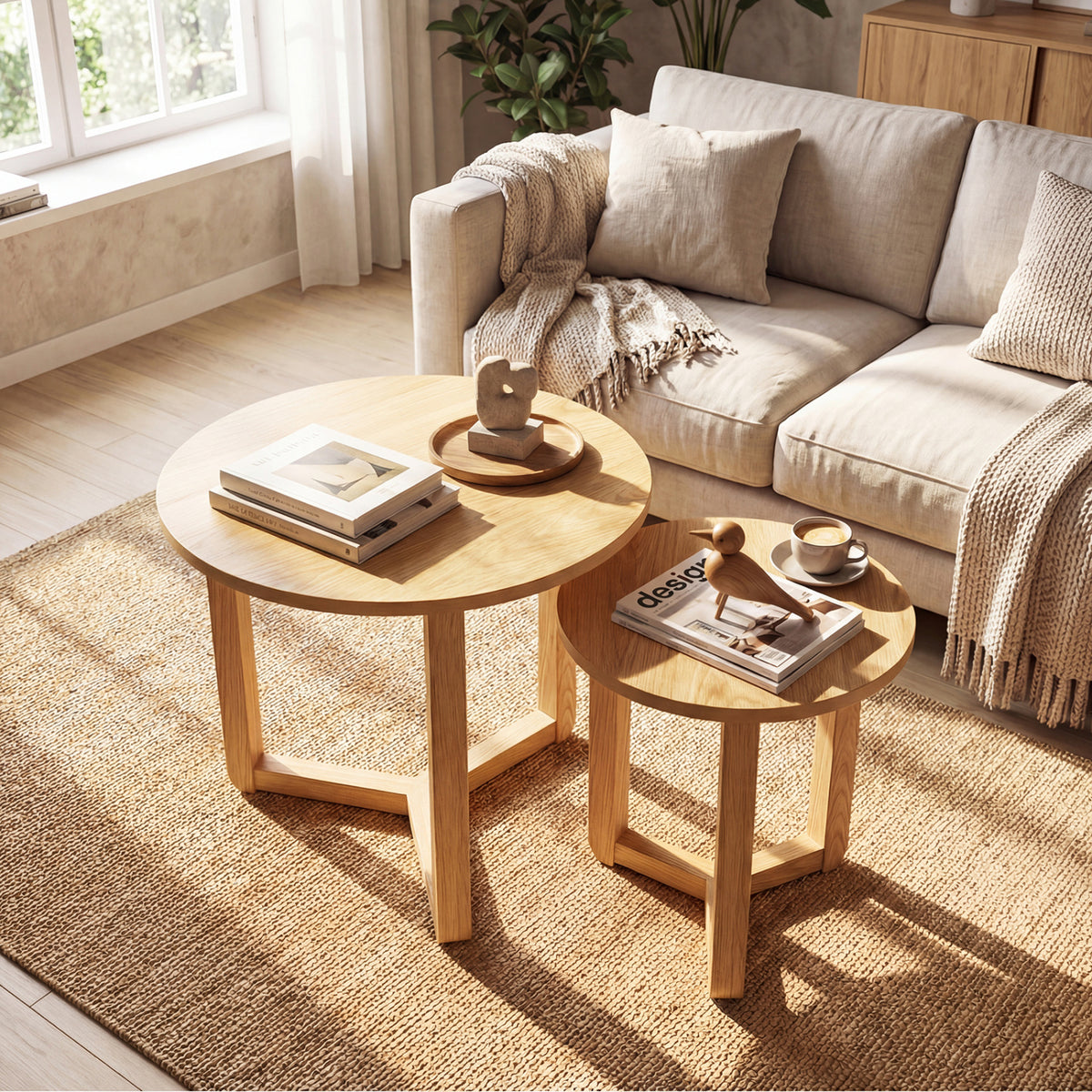 Round Nesting Coffee Table Set of 2 Wood Nesting End Tables with Thickened Top