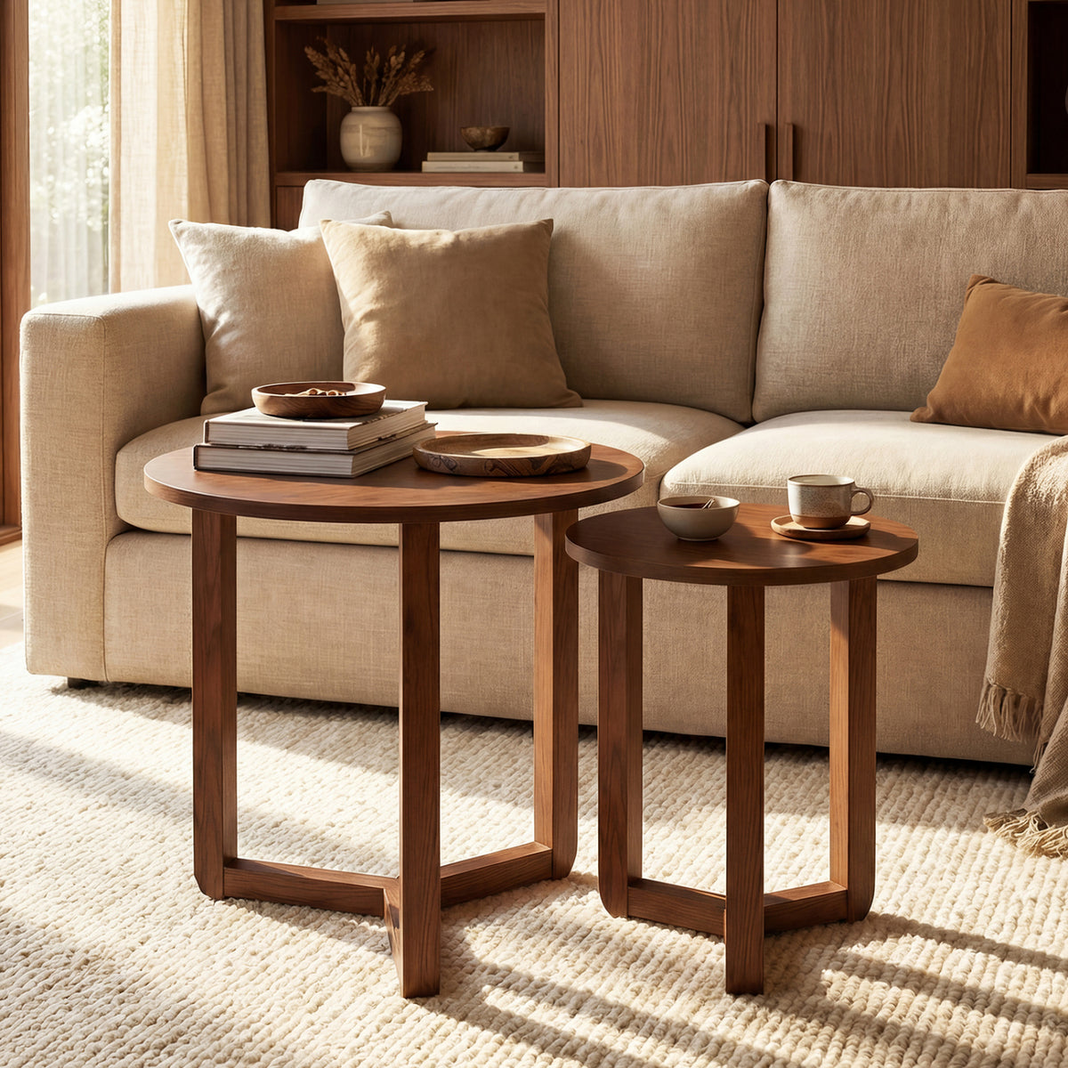 Round Nesting Coffee Table Set of 2 Wood Nesting End Tables with Thickened Top