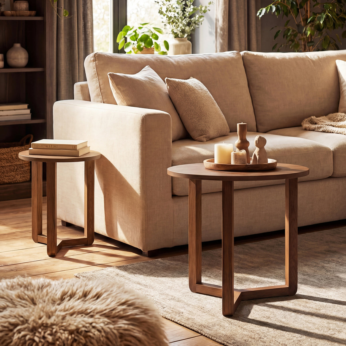 Round Nesting Coffee Table Set of 2 Wood Nesting End Tables with Thickened Top