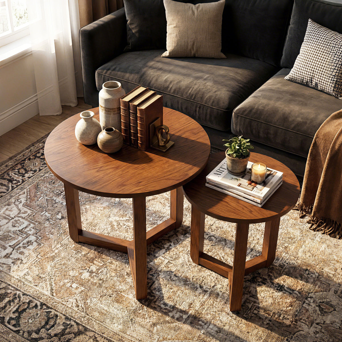 Round Nesting Coffee Table Set of 2 Wood Nesting End Tables with Thickened Top