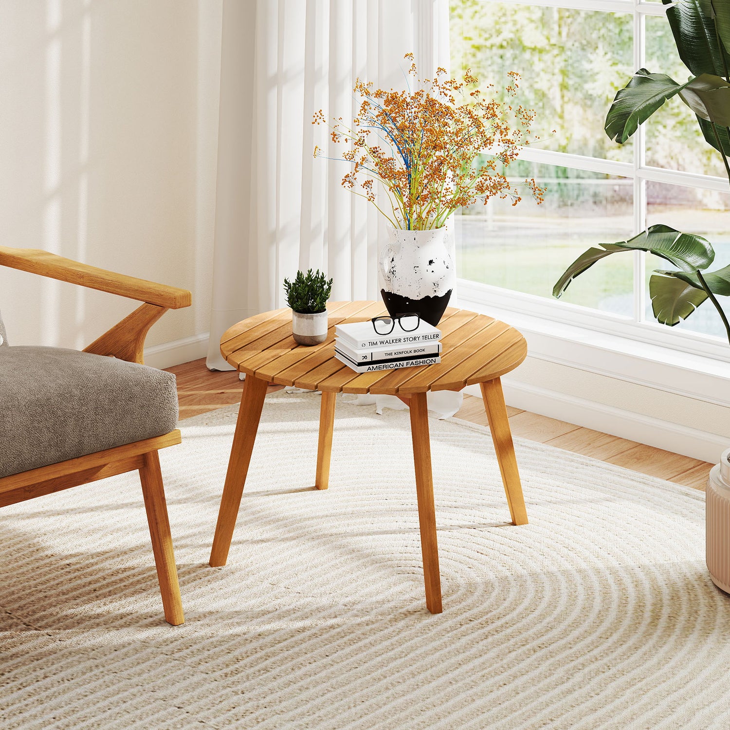 Round Outdoor Acacia Wood Side Table with Slatted Tabletop