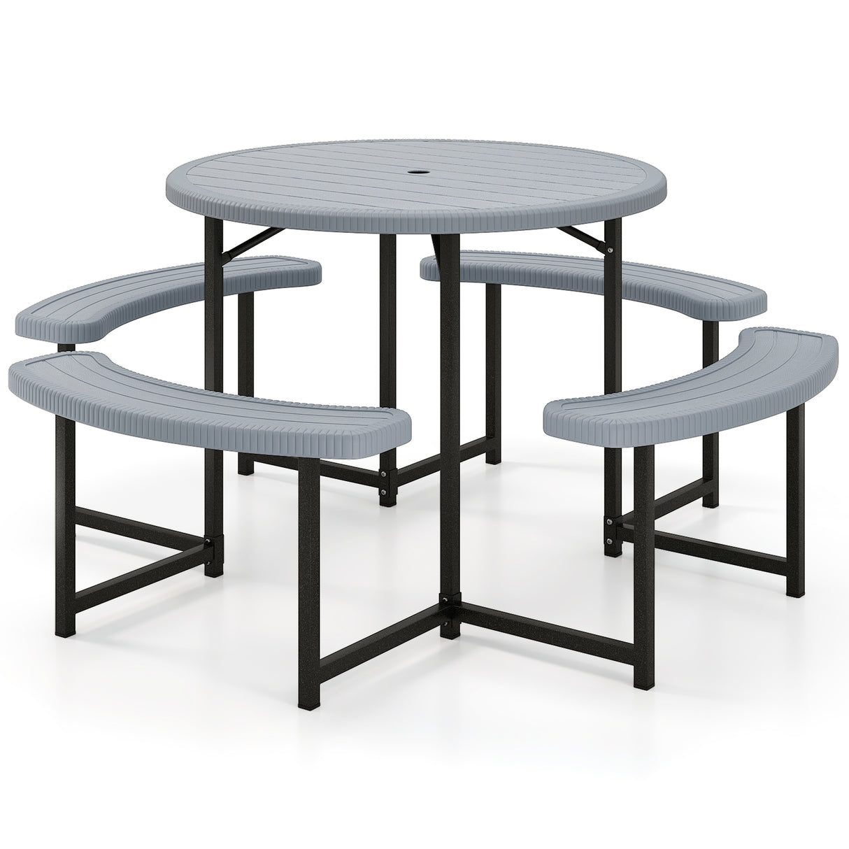Round Picnic Table Bench Set with 4 Benches and Umbrella Hole for Patio Lawn