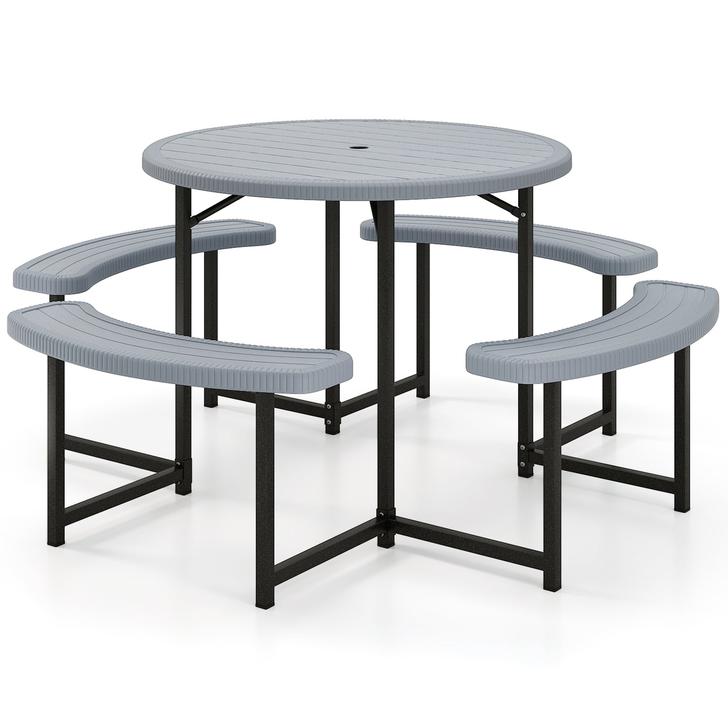 Round Picnic Table Bench Set with 4 Benches and Umbrella Hole for Patio Lawn