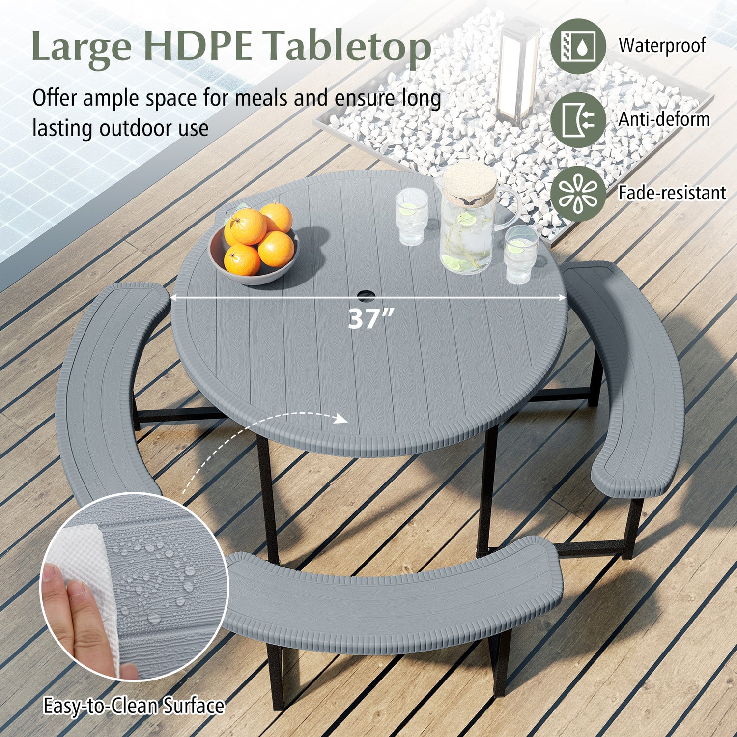 Round Picnic Table Bench Set with 4 Benches and Umbrella Hole for Patio Lawn