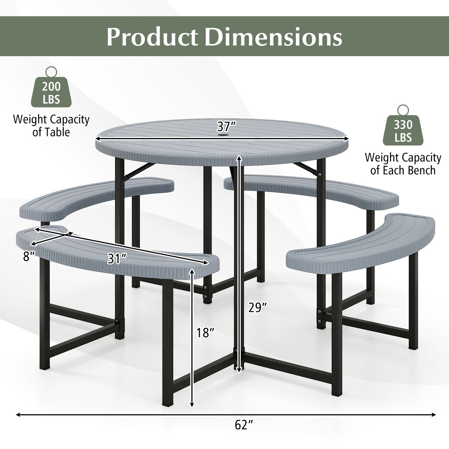 Round Picnic Table Bench Set with 4 Benches and Umbrella Hole for Patio Lawn