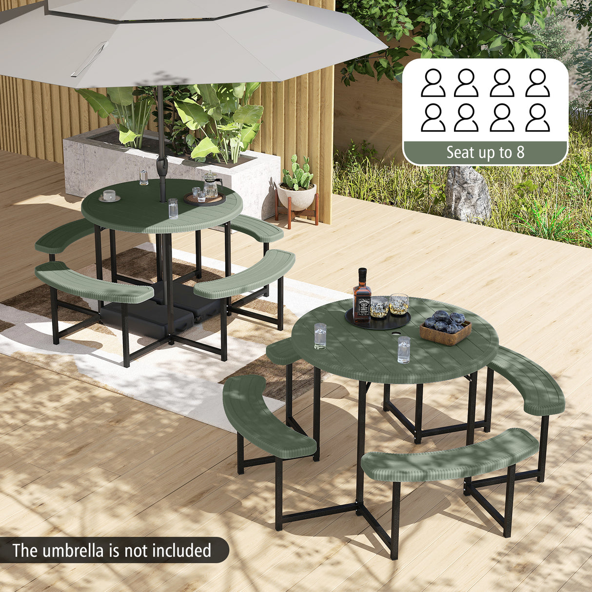 Round Picnic Table Bench Set with 4 Benches and Umbrella Hole for Patio Lawn