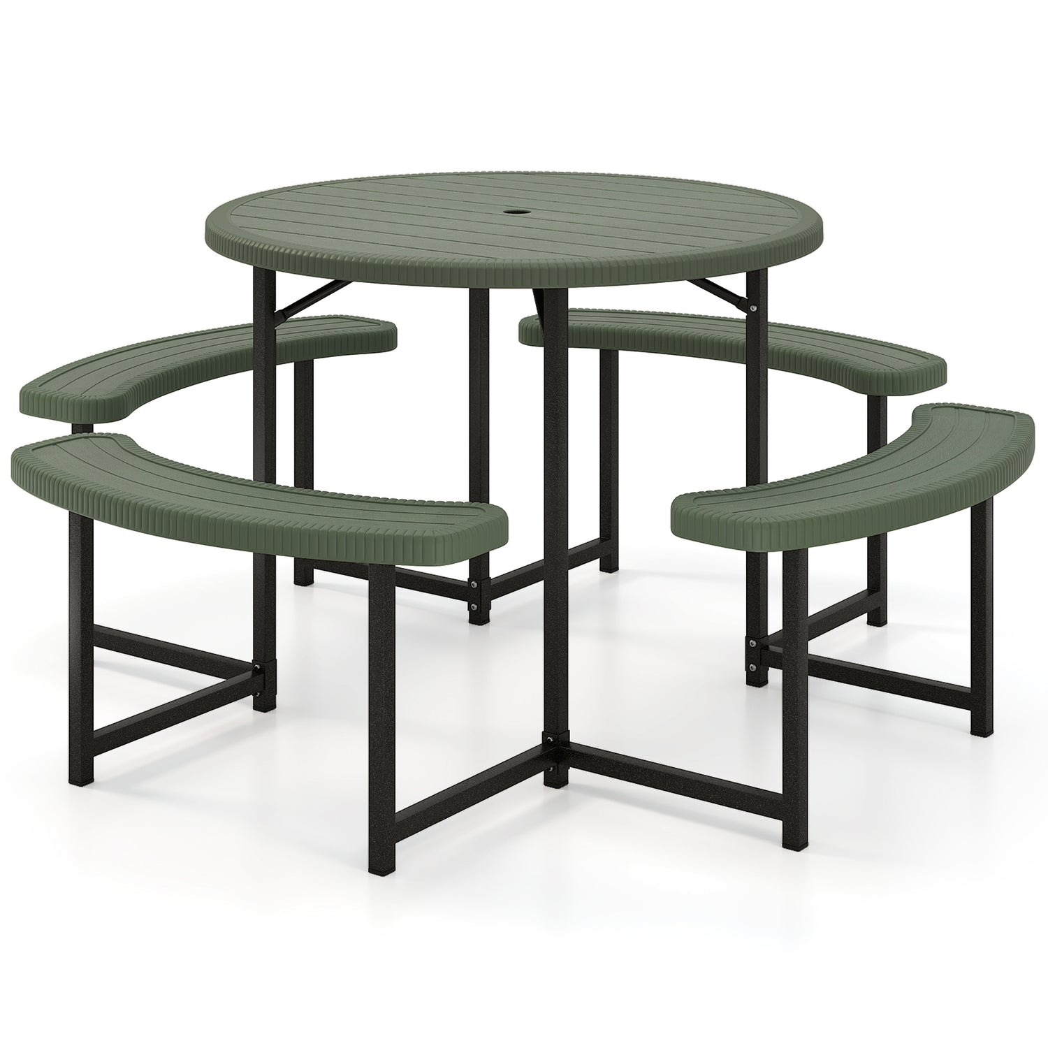 Round Picnic Table Bench Set with 4 Benches and Umbrella Hole for Patio Lawn