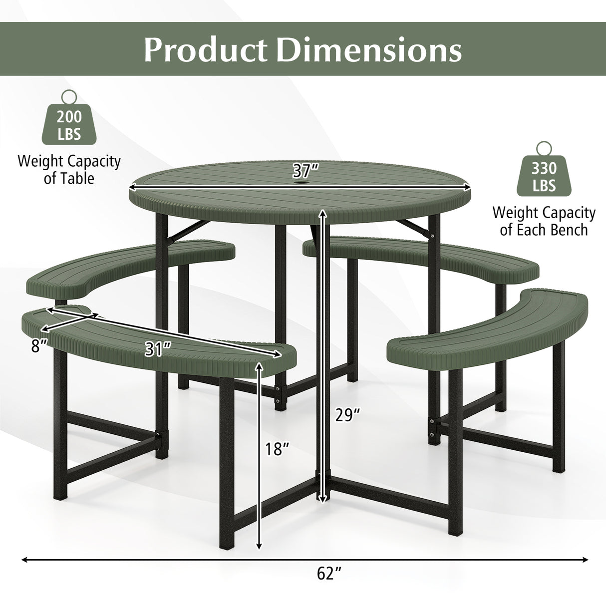 Round Picnic Table Bench Set with 4 Benches and Umbrella Hole for Patio Lawn