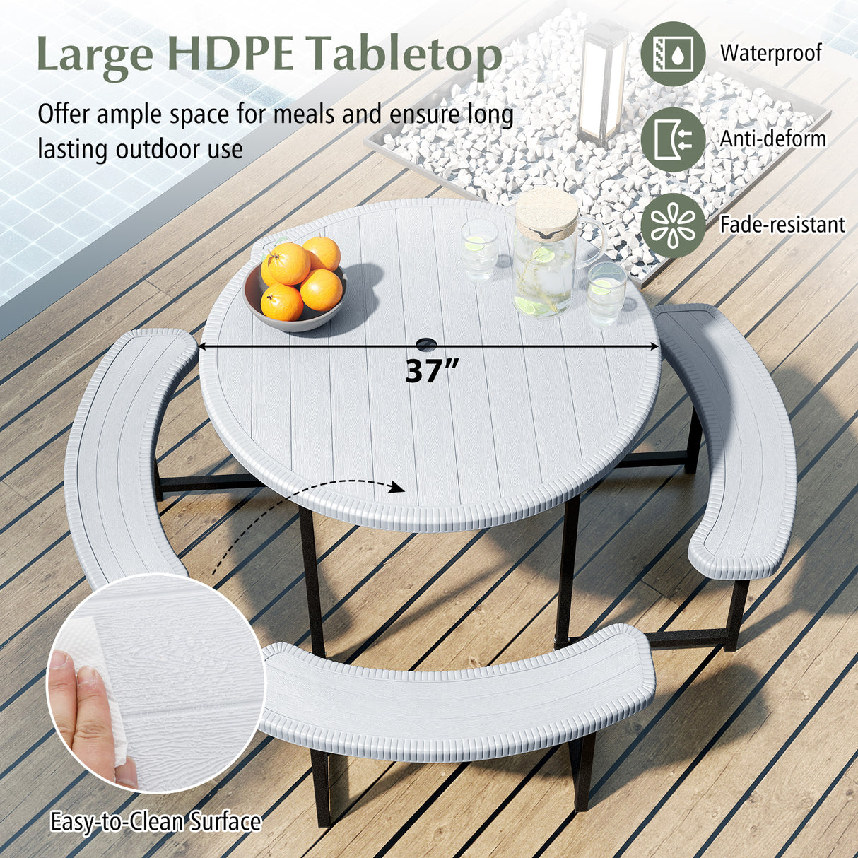 Round Picnic Table Bench Set with 4 Benches and Umbrella Hole for Patio Lawn