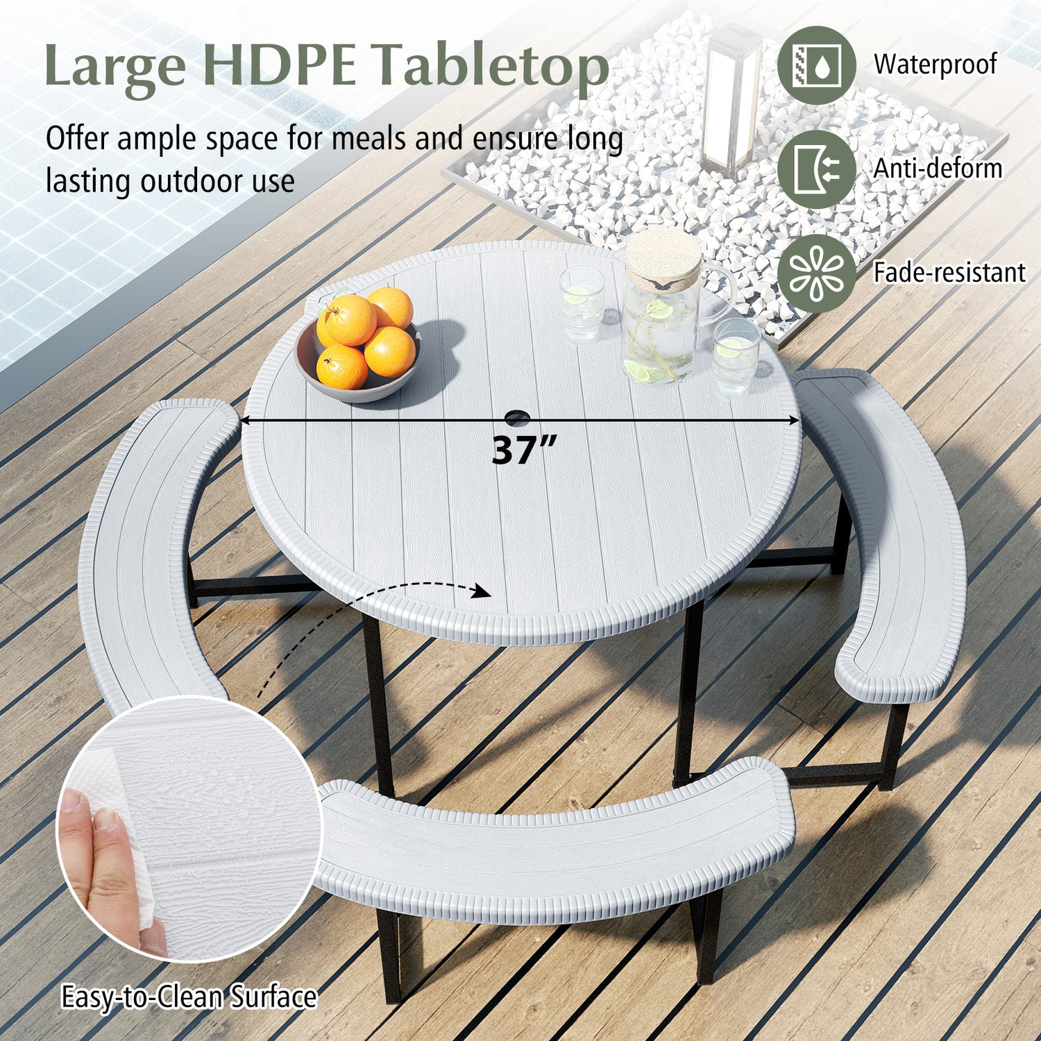 Round Picnic Table Bench Set with 4 Benches and Umbrella Hole for Patio Lawn