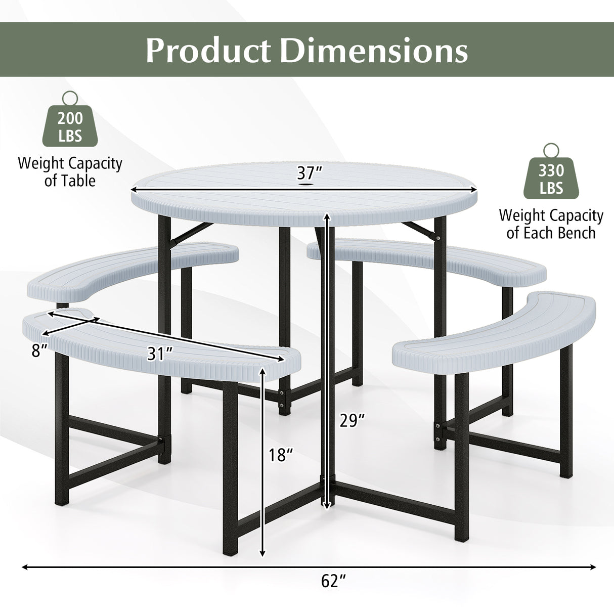 Round Picnic Table Bench Set with 4 Benches and Umbrella Hole for Patio Lawn