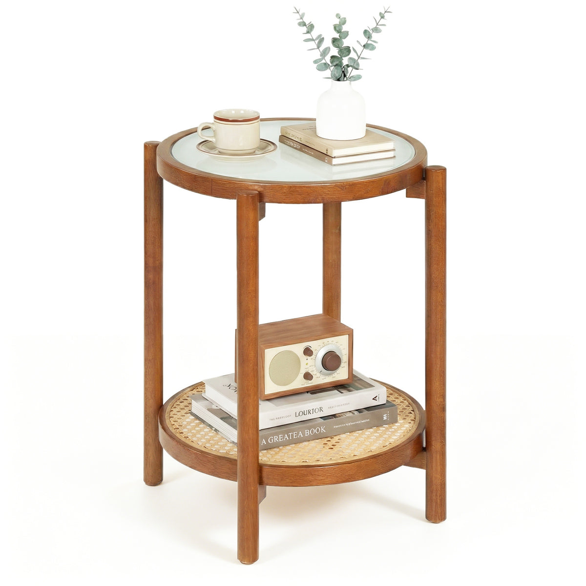 Round Side Table 2-Tier Boho End Table with Tempered Glass Top