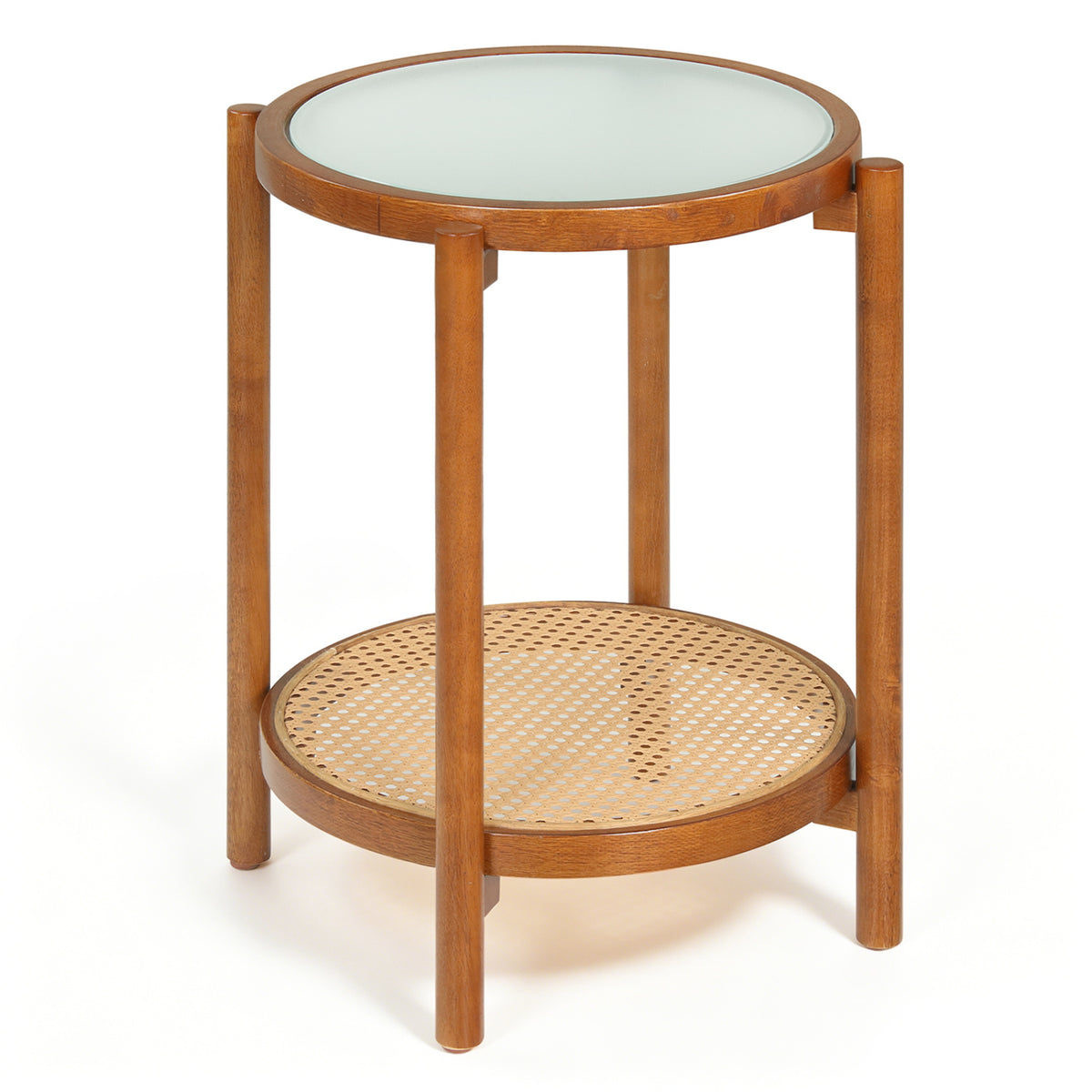 Round Side Table 2-Tier Boho End Table with Tempered Glass Top