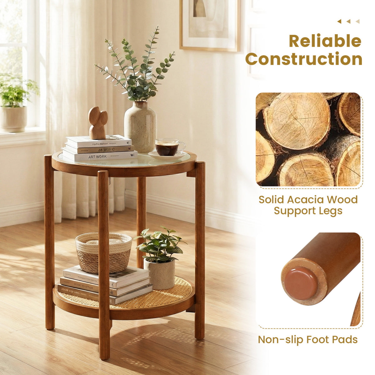 Round Side Table 2-Tier Boho End Table with Tempered Glass Top