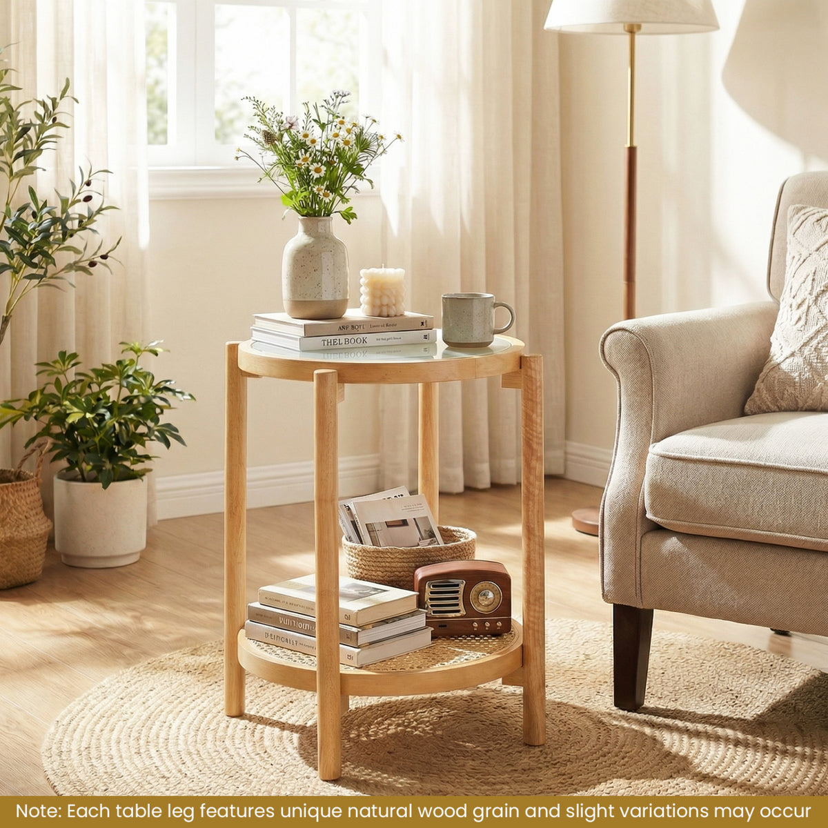 Round Side Table 2-Tier Boho End Table with Tempered Glass Top