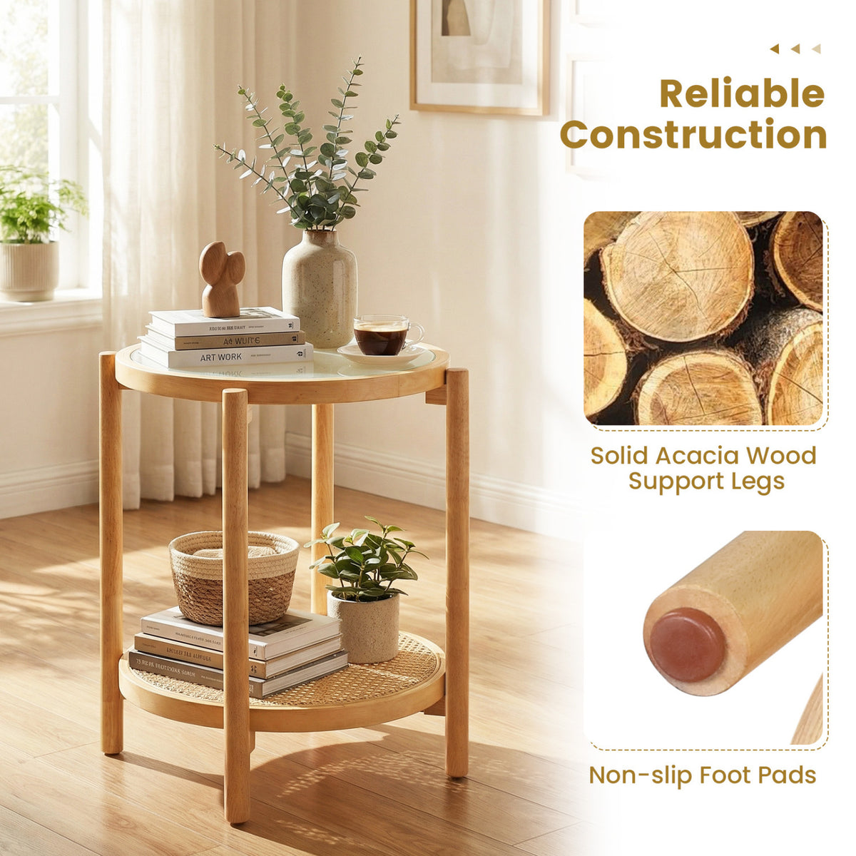Round Side Table 2-Tier Boho End Table with Tempered Glass Top