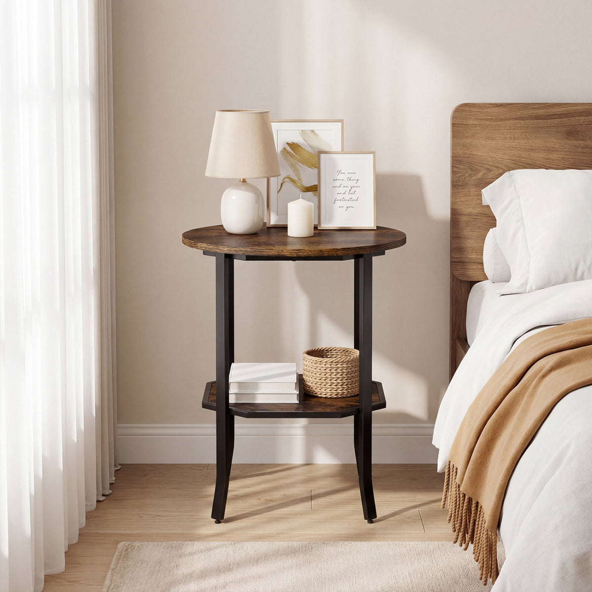 Round Side Table Small End Table with Storage Shelf 2-Tier Nightstand for Small Space