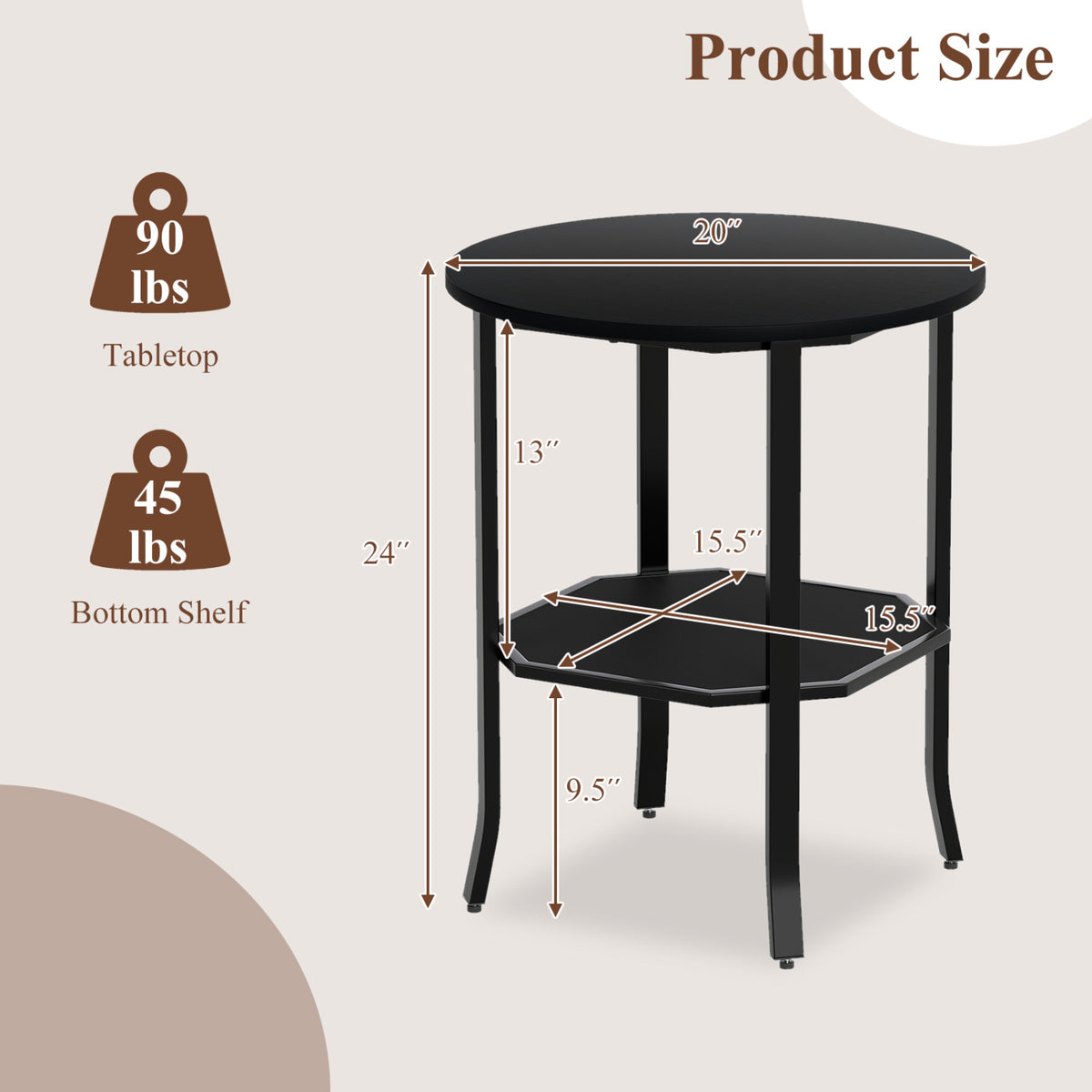 Round Side Table Small End Table with Storage Shelf 2-Tier Nightstand for Small Space