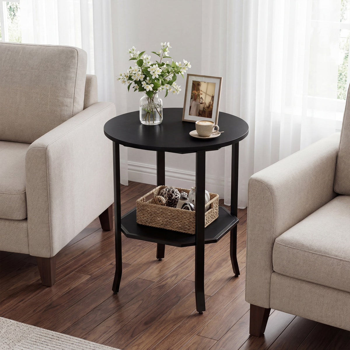 Round Side Table Small End Table with Storage Shelf 2-Tier Nightstand for Small Space